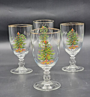 Spode Christmas Tree Water Goblet 4 Glass Set 7" Multicolor Gold Rim Trim